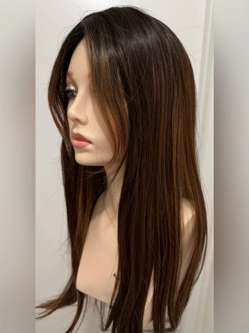 HAIR, 24” Straight Topper, Whispy bangs, Center Part, Brown Carmel Highlights